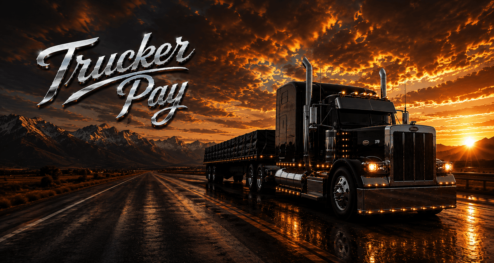 Trucker Pay logo above a semi truck on a mountain road at sunset